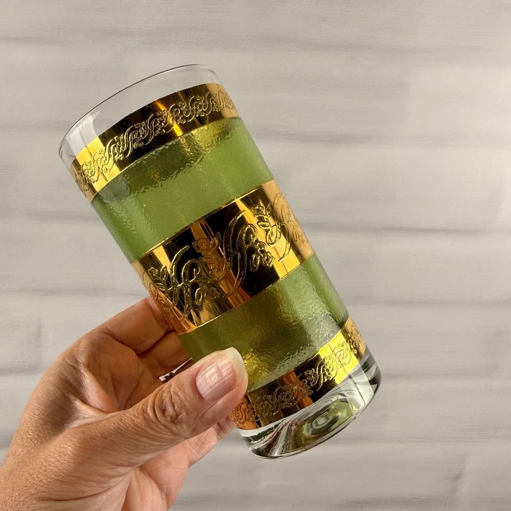 Starlyte Culver Green 22K Gold Highball Glasses Set of 7